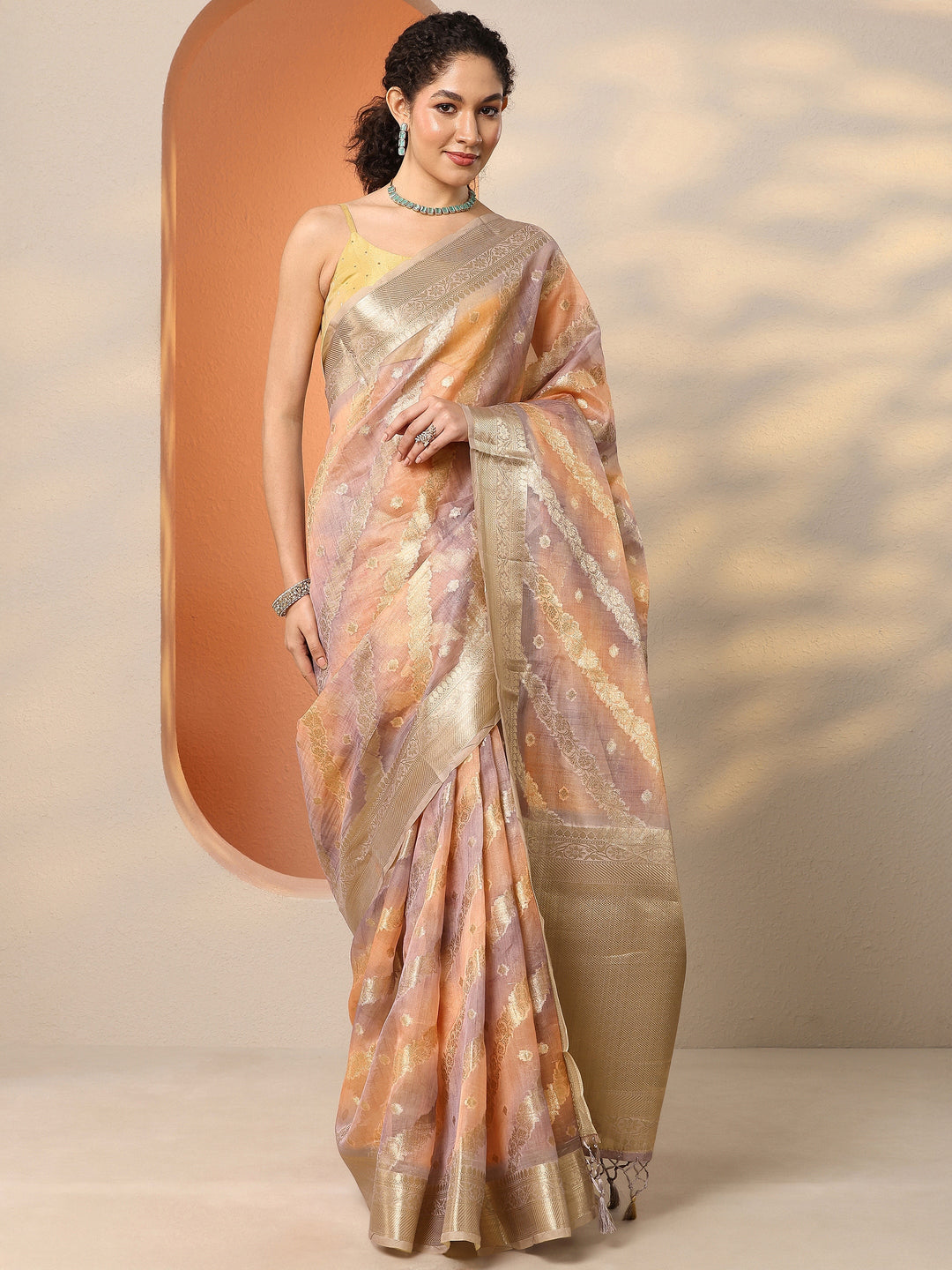  Multi Woven Design Silk Blend Saree With Unstitched Blouse Piece 