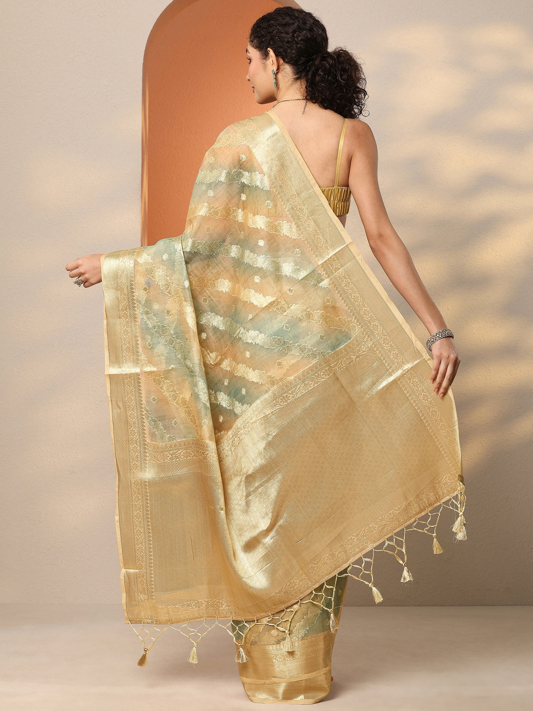  Multi Woven Design Silk Blend Saree With Unstitched Blouse Piece 