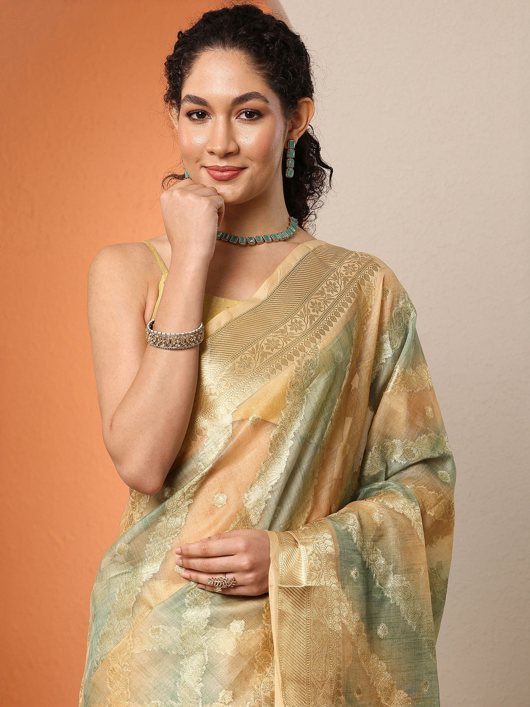  Multi Woven Design Silk Blend Saree With Unstitched Blouse Piece 