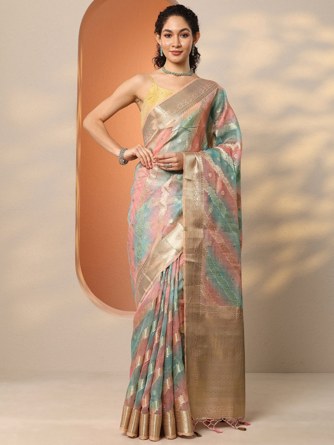  Multi Woven Design Silk Blend Saree With Unstitched Blouse Piece 
