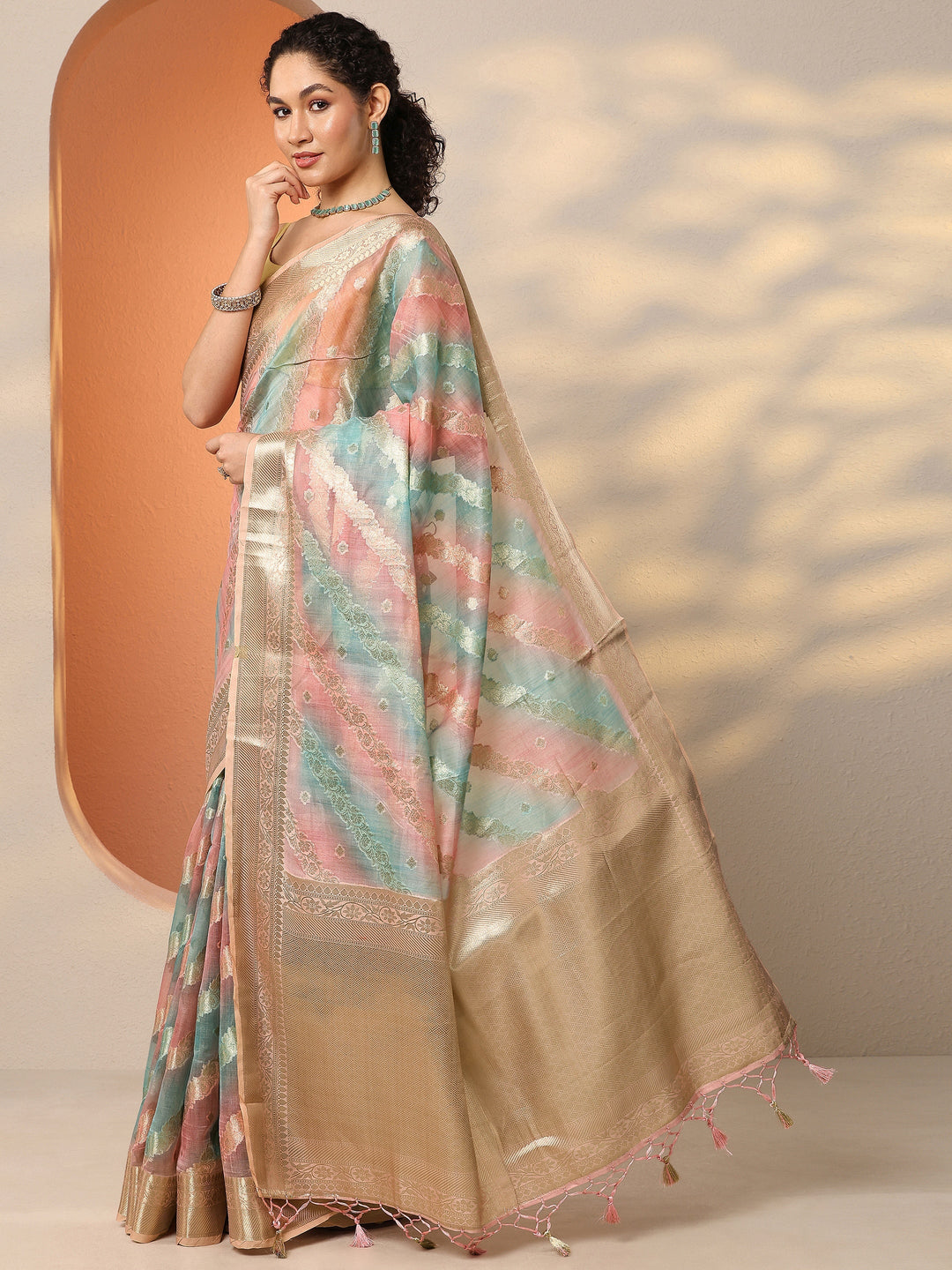  Multi Woven Design Silk Blend Saree With Unstitched Blouse Piece 