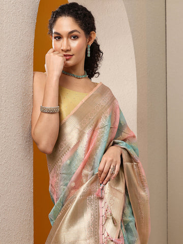 Multi Woven Design Silk Blend Saree With Unstitched Blouse Piece