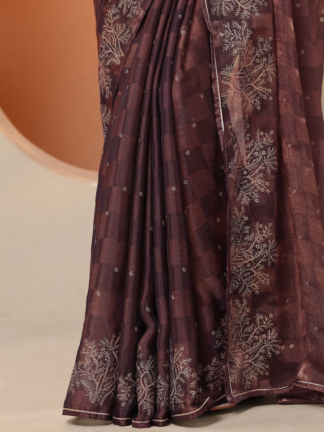  Brown Embroidered Silk Blend Saree With Unstitched Blouse Piece 