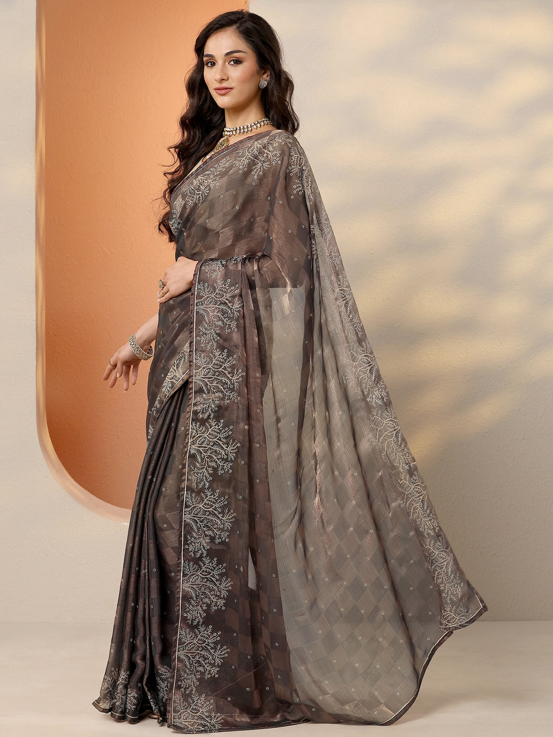  Brown Embroidered Silk Blend Saree With Unstitched Blouse Piece 