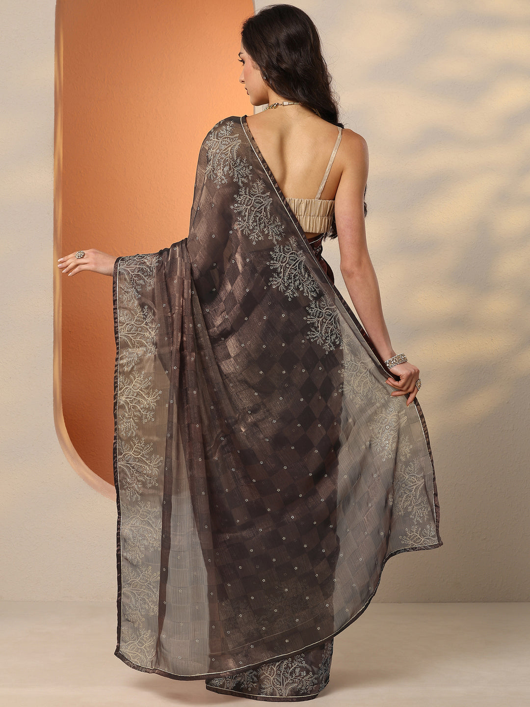  Brown Embroidered Silk Blend Saree With Unstitched Blouse Piece 