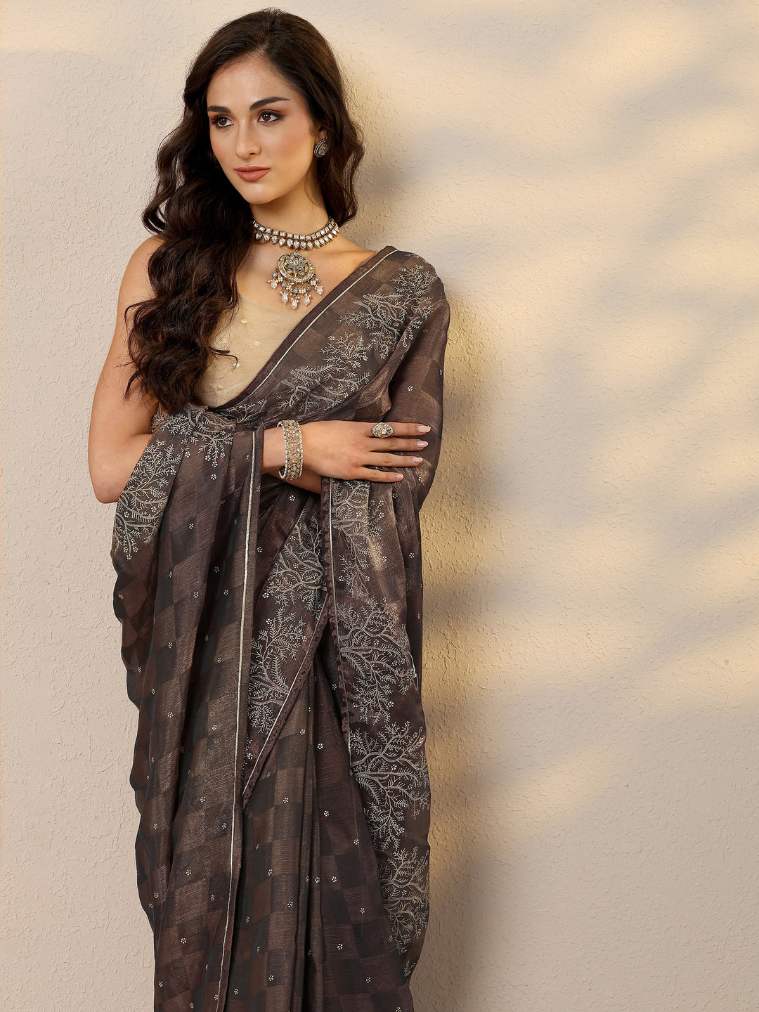  Brown Embroidered Silk Blend Saree With Unstitched Blouse Piece 