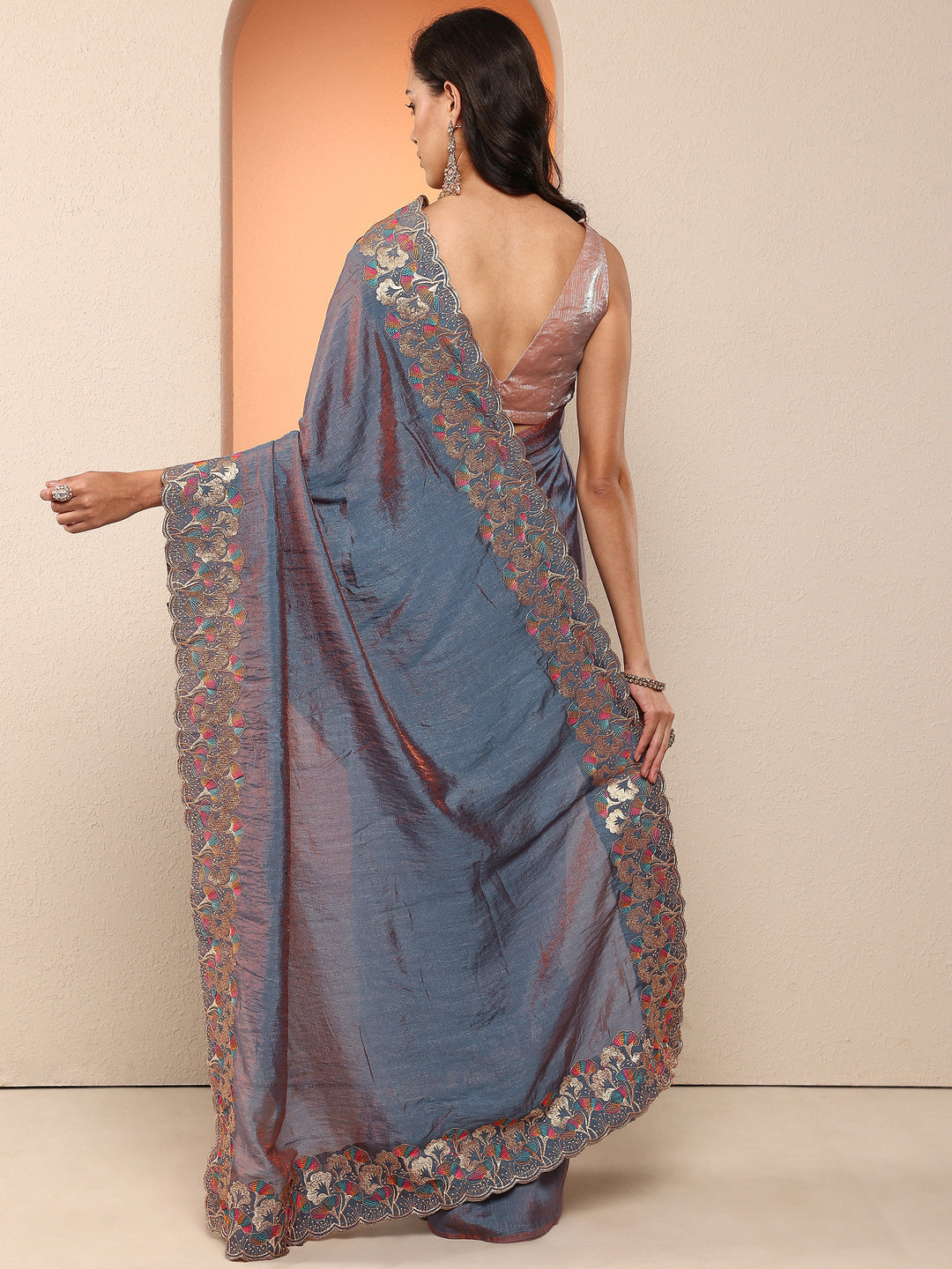  Blue Solid Silk Blend Saree With Unstitched Blouse Piece 