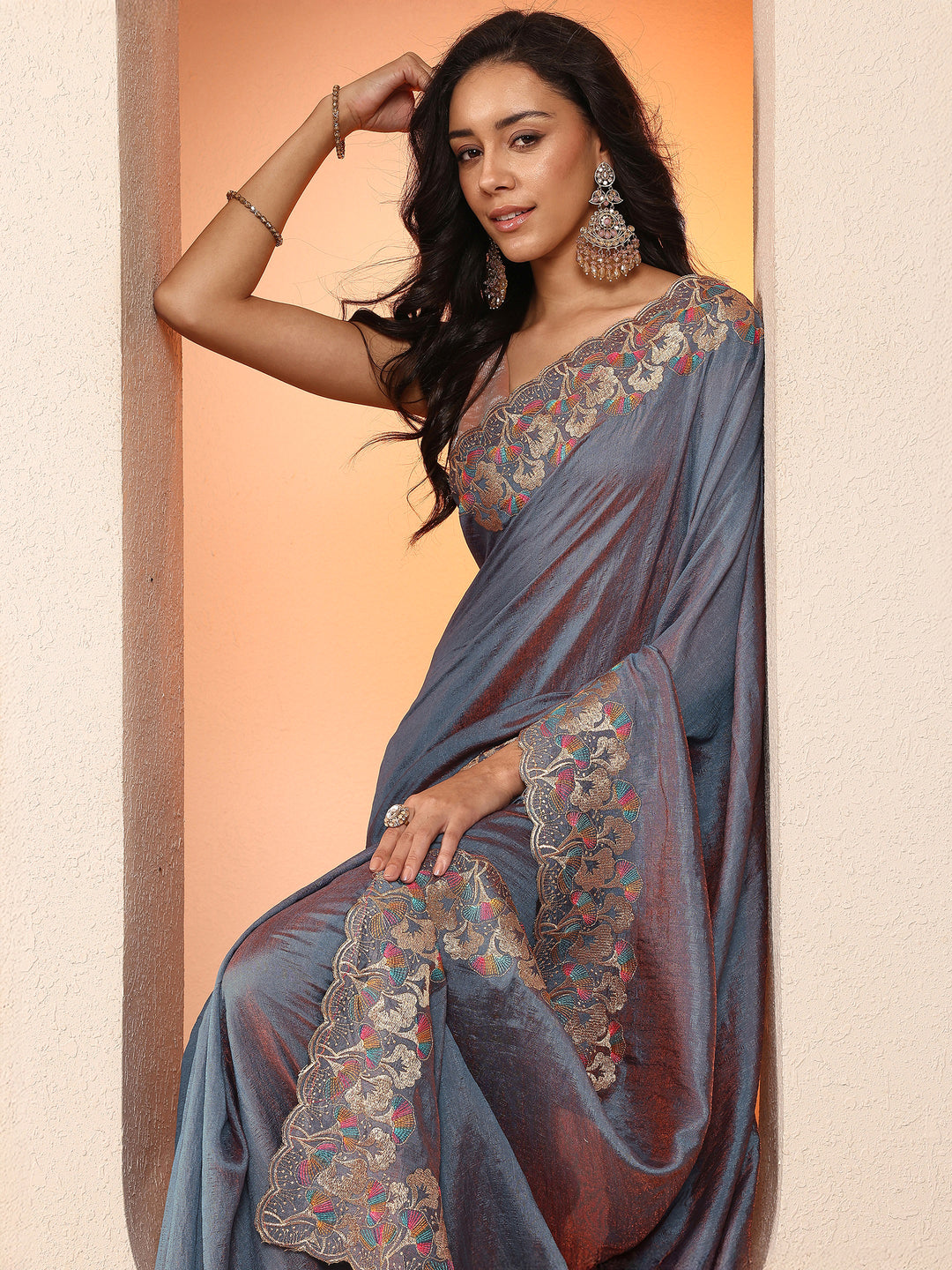  Blue Solid Silk Blend Saree With Unstitched Blouse Piece 