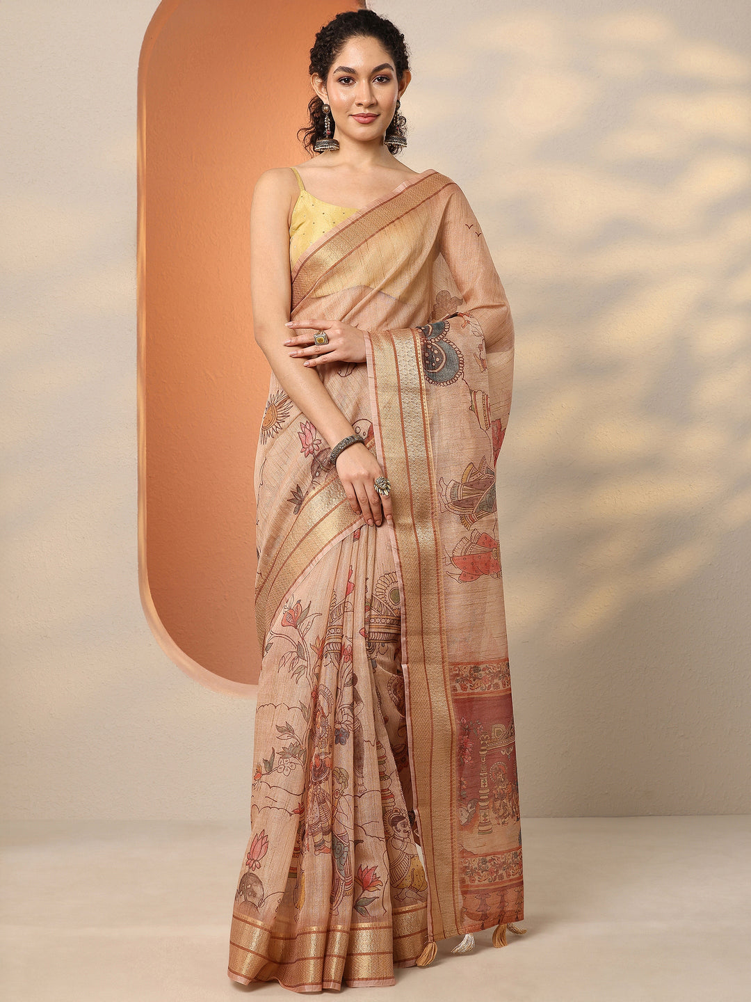  Peach Tribal Printed Silk Blend Saree With Unstitched Blouse Piece 