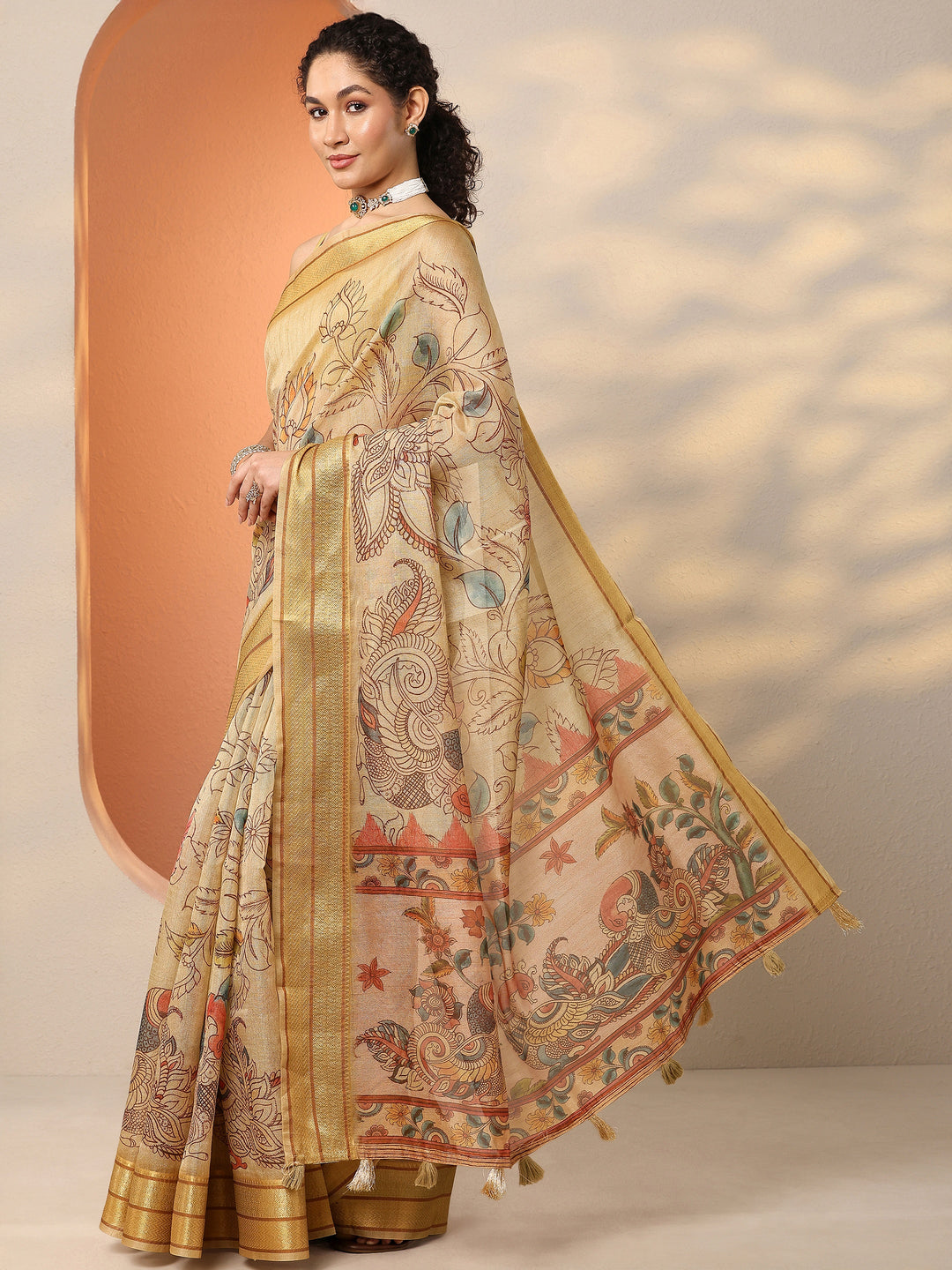  Gold Tribal Printed Silk Blend Saree With Unstitched Blouse Piece 