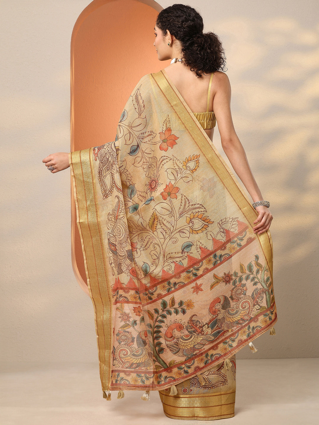  Gold Tribal Printed Silk Blend Saree With Unstitched Blouse Piece 
