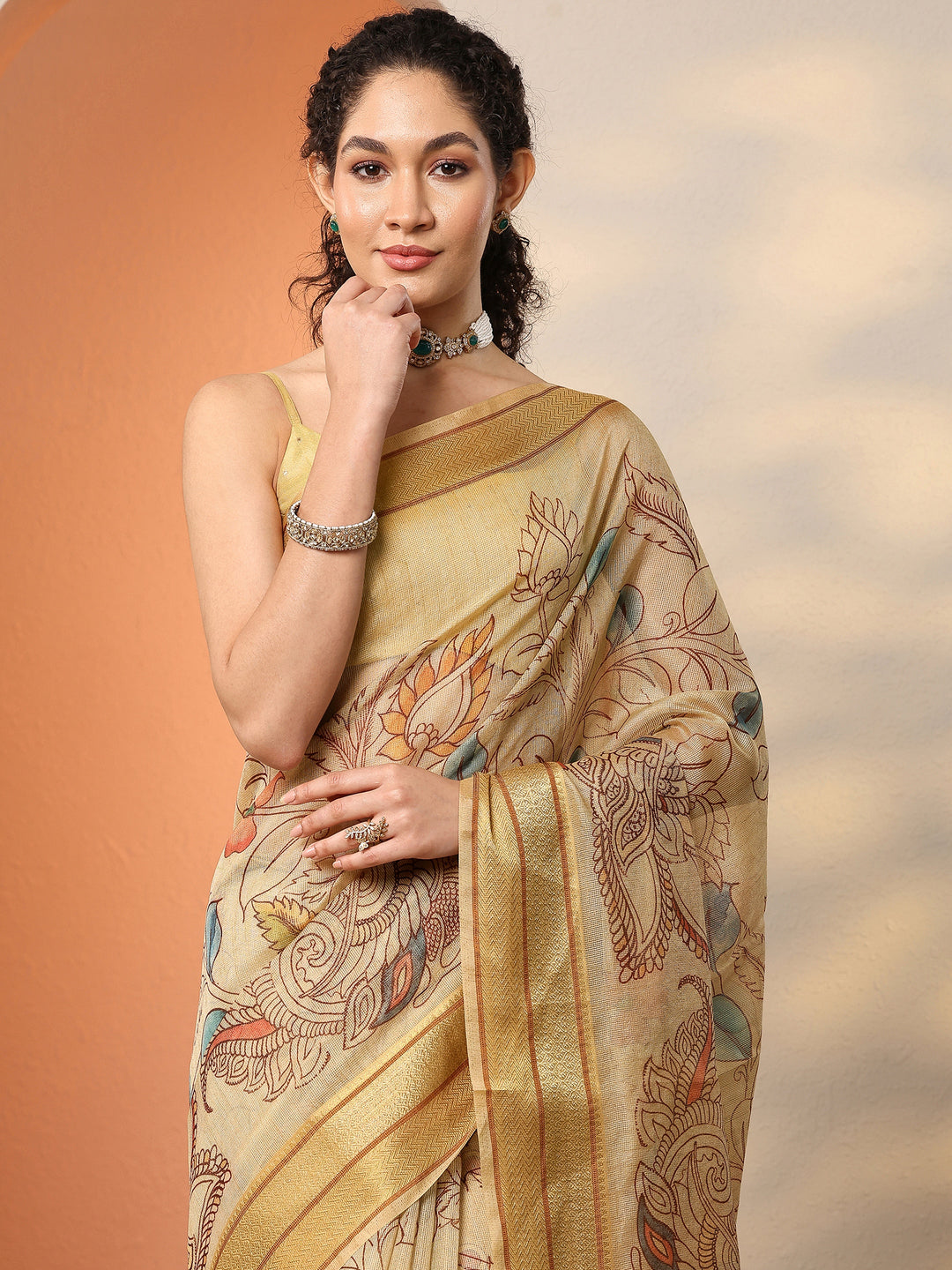  Gold Tribal Printed Silk Blend Saree With Unstitched Blouse Piece 