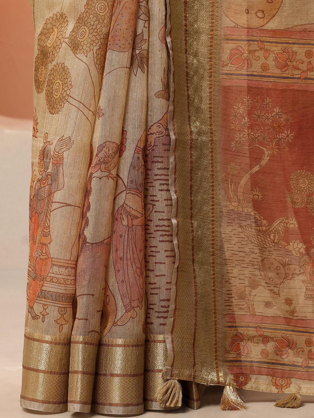  Gold Tribal Printed Silk Blend Saree With Unstitched Blouse Piece 