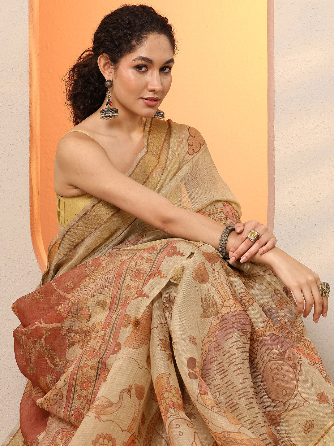  Gold Tribal Printed Silk Blend Saree With Unstitched Blouse Piece 