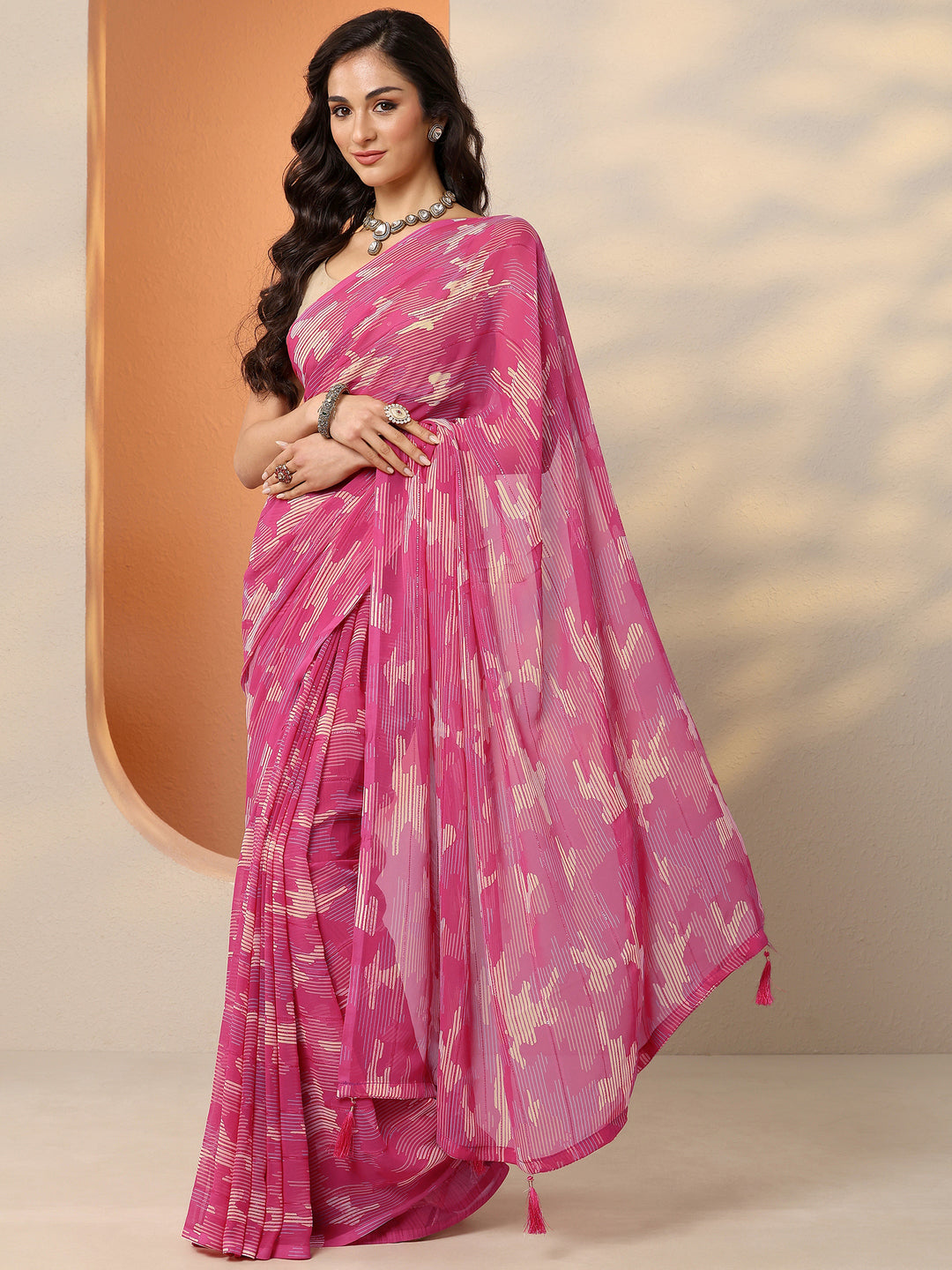  Pink Printed Georgette Saree With Unstitched Blouse Piece 