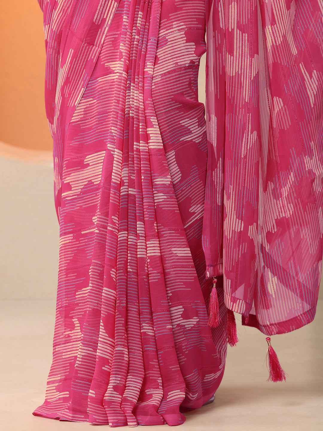  Pink Printed Georgette Saree With Unstitched Blouse Piece 