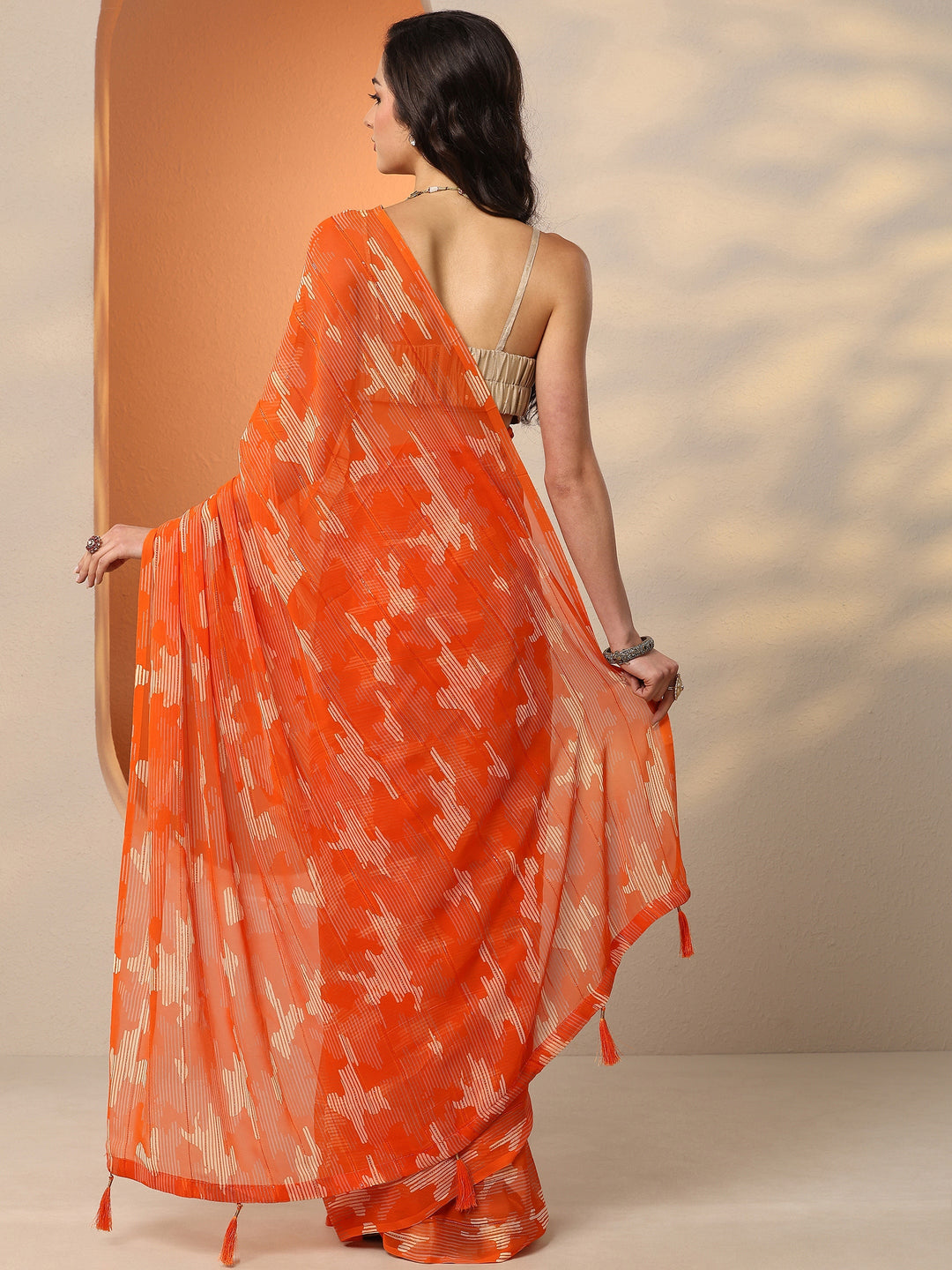  Orange Printed Georgette Saree With Unstitched Blouse Piece 