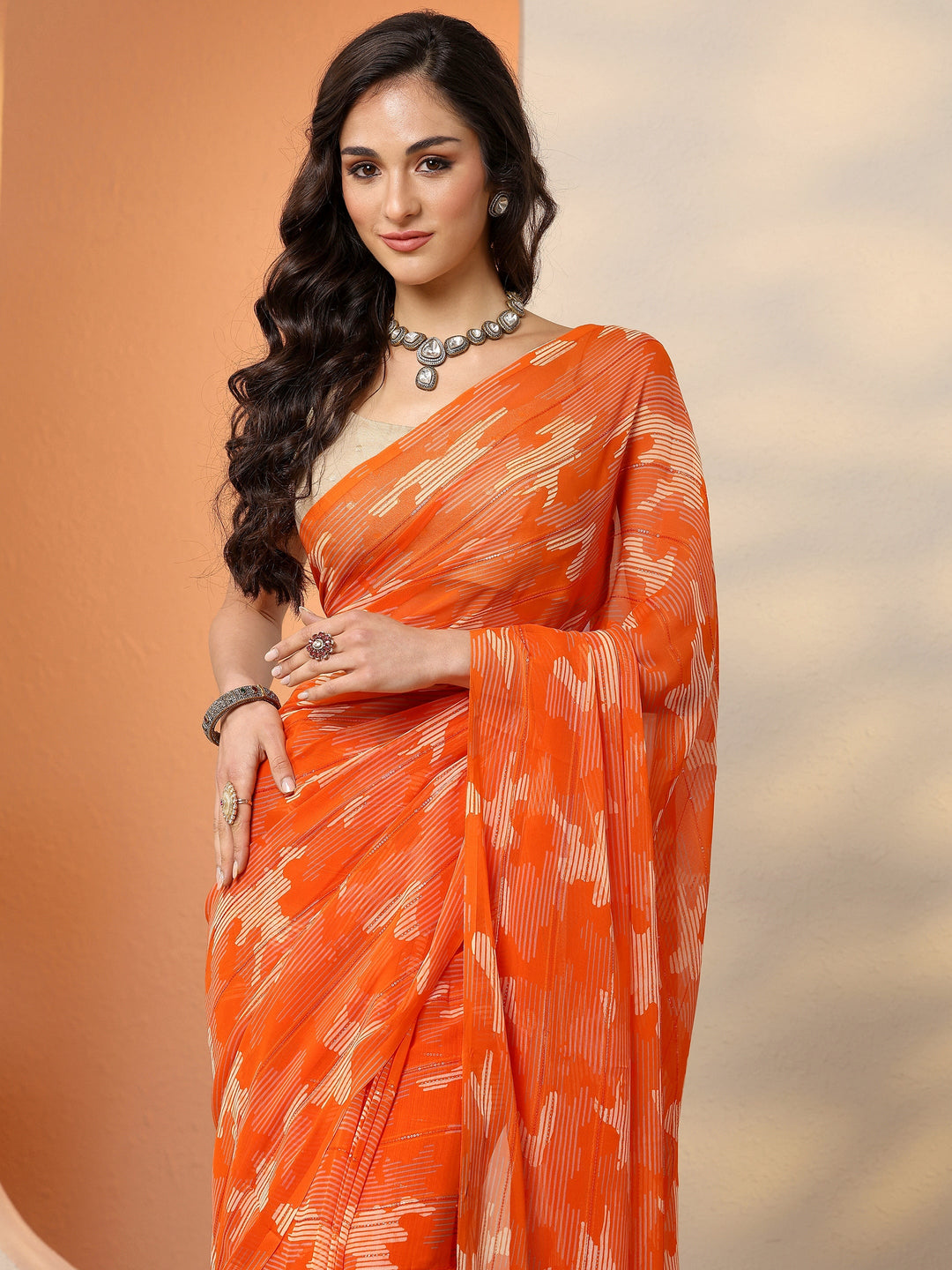  Orange Printed Georgette Saree With Unstitched Blouse Piece 