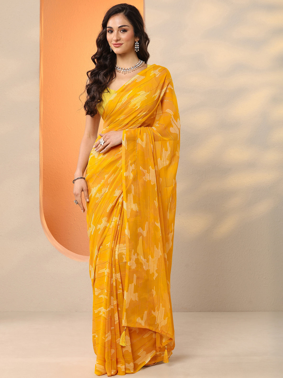  Yellow Printed Georgette Saree With Unstitched Blouse Piece 
