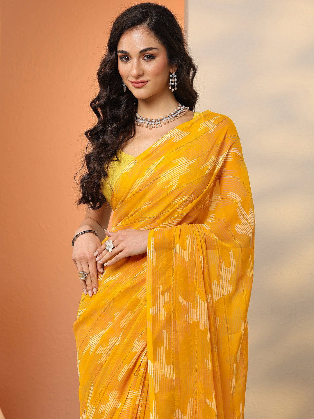  Yellow Printed Georgette Saree With Unstitched Blouse Piece 