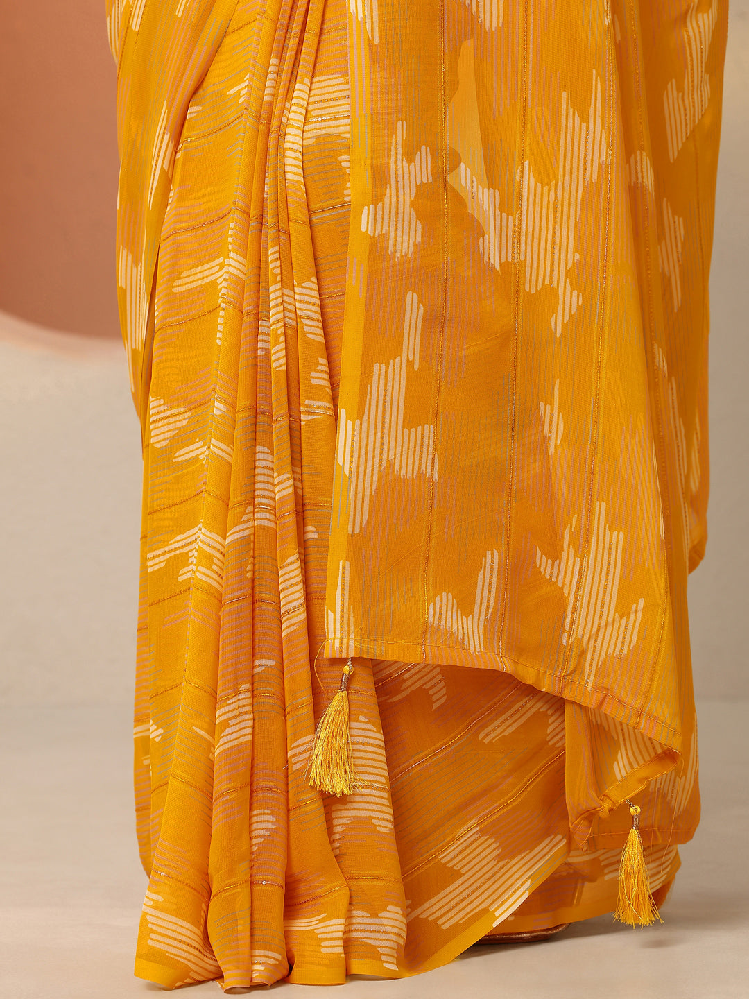  Yellow Printed Georgette Saree With Unstitched Blouse Piece 