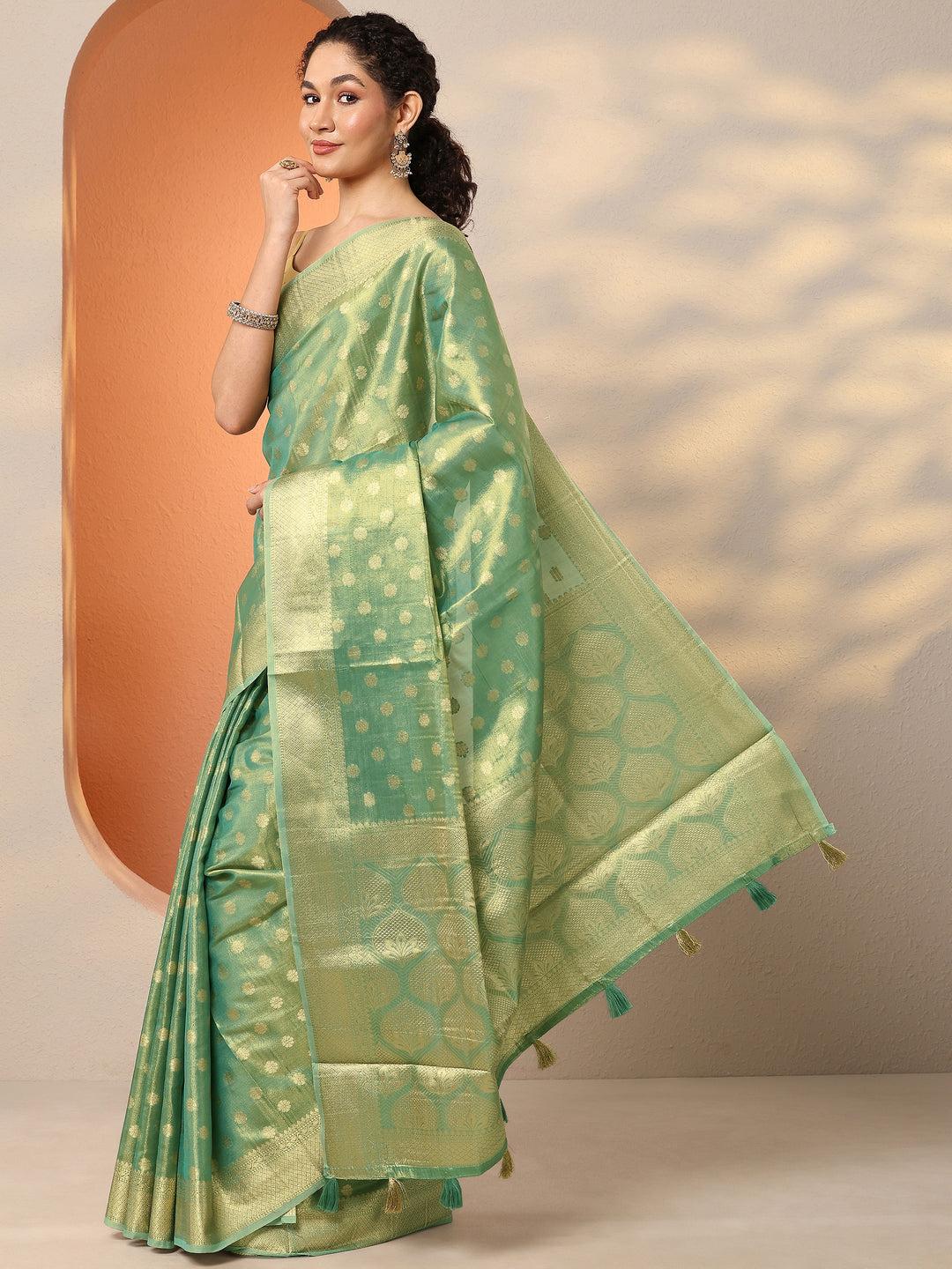  Green Woven Design Silk Blend Saree With Unstitched Blouse Piece 