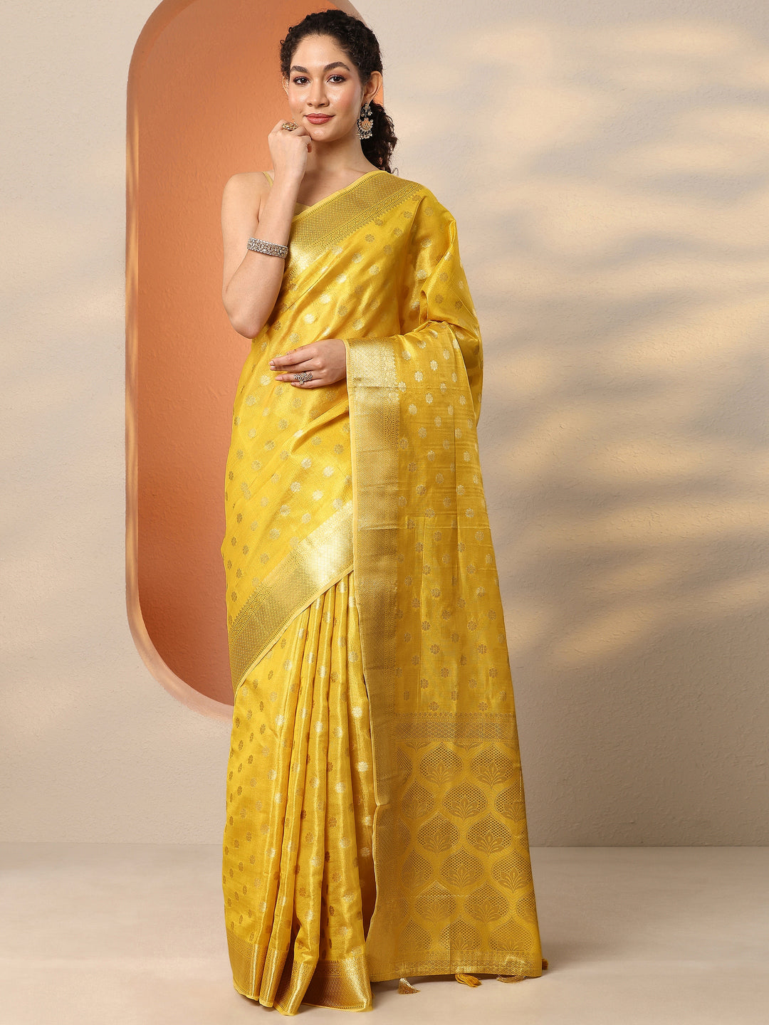  Yellow Woven Design Silk Blend Saree With Unstitched Blouse Piece 