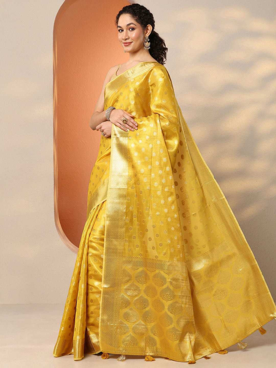  Yellow Woven Design Silk Blend Saree With Unstitched Blouse Piece 