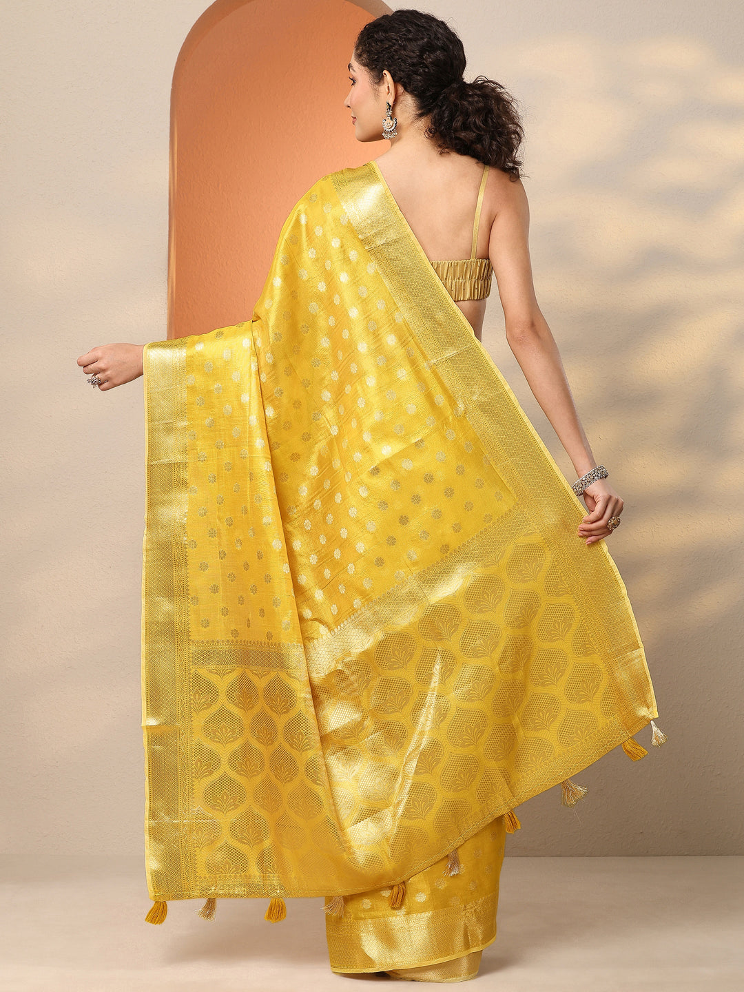  Yellow Woven Design Silk Blend Saree With Unstitched Blouse Piece 
