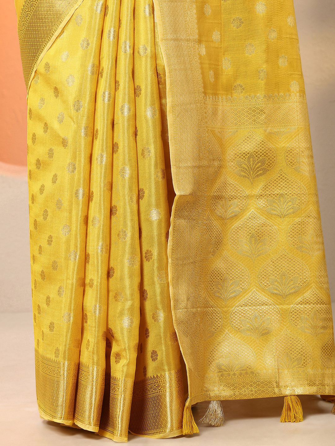  Yellow Woven Design Silk Blend Saree With Unstitched Blouse Piece 