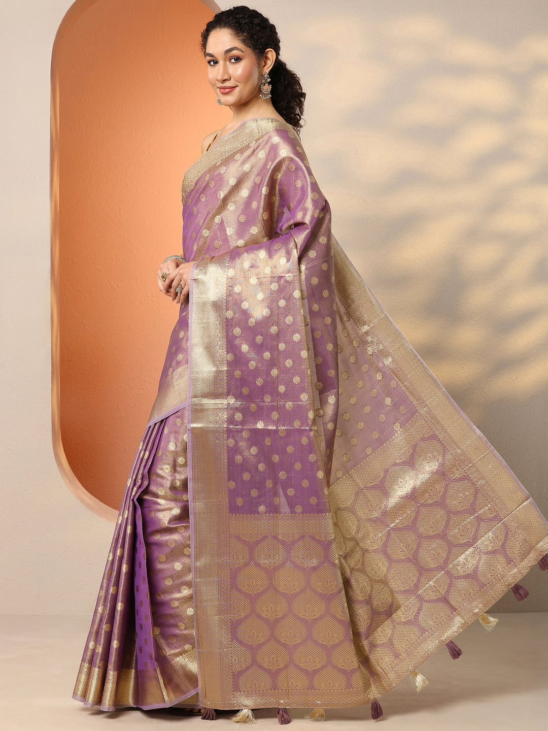  Lavender Woven Design Silk Blend Saree With Unstitched Blouse Piece 