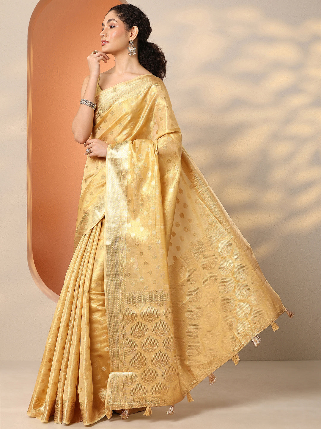  Gold Woven Design Silk Blend Saree With Unstitched Blouse Piece 