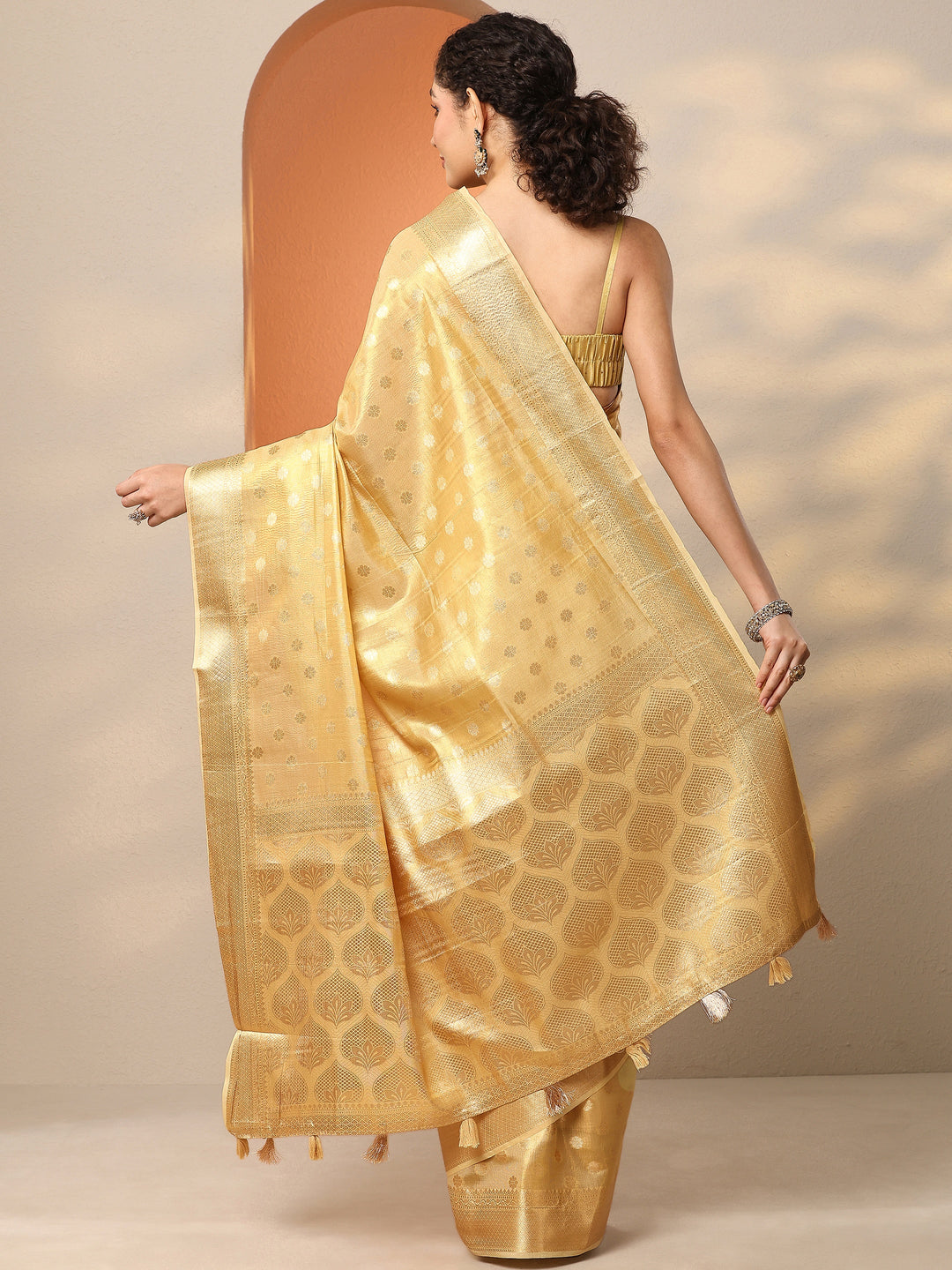 Gold Woven Design Silk Blend Saree With Unstitched Blouse Piece 