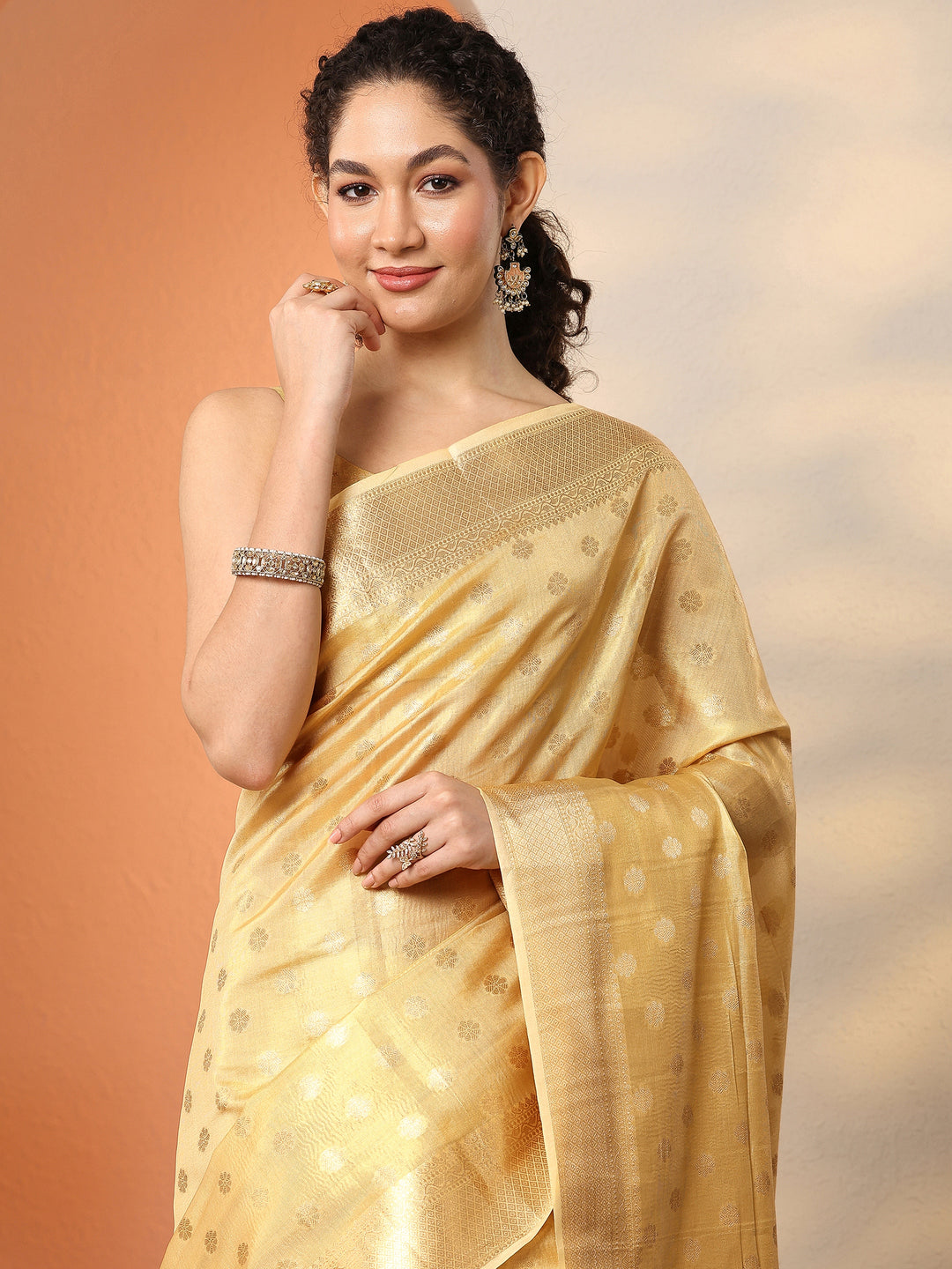  Gold Woven Design Silk Blend Saree With Unstitched Blouse Piece 