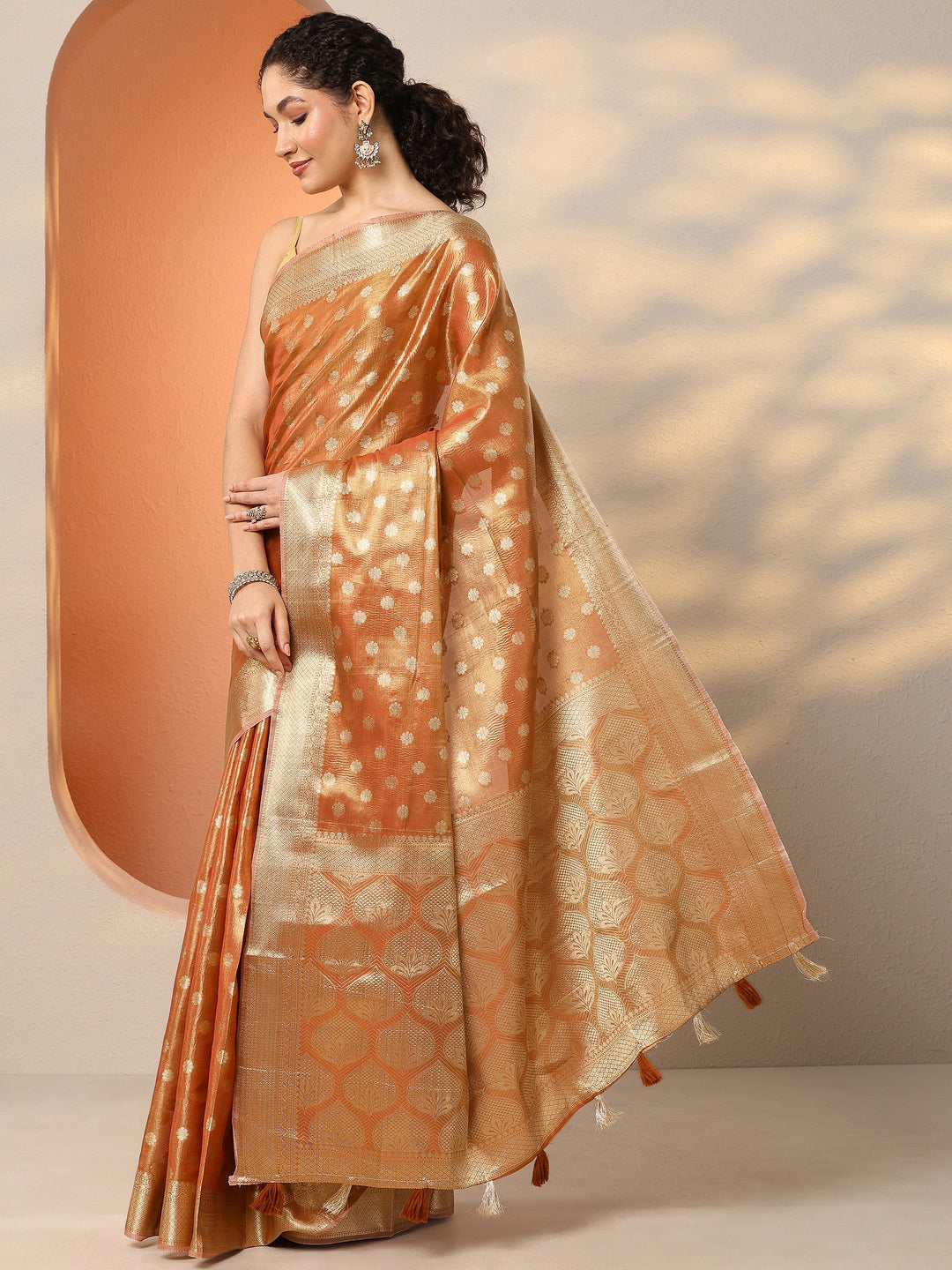  Orange Woven Design Silk Blend Saree With Unstitched Blouse Piece 