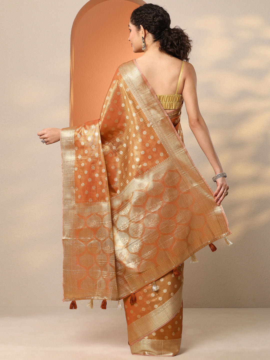  Orange Woven Design Silk Blend Saree With Unstitched Blouse Piece 