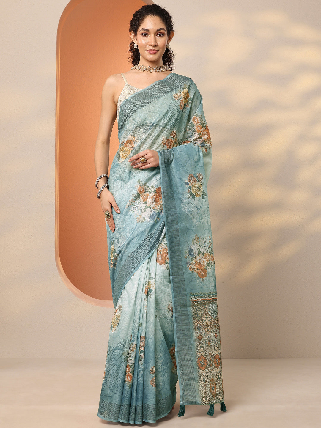 Blue Printed Silk Blend Saree With Unstitched Blouse Piece 
