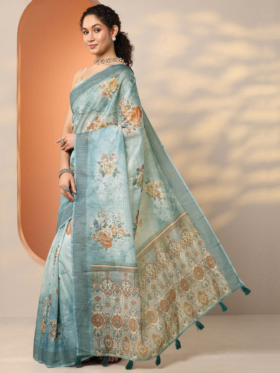  Blue Printed Silk Blend Saree With Unstitched Blouse Piece 