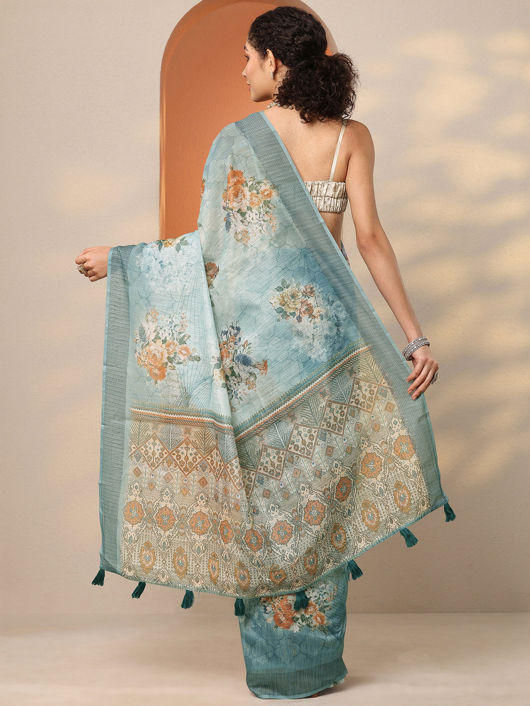  Blue Printed Silk Blend Saree With Unstitched Blouse Piece 