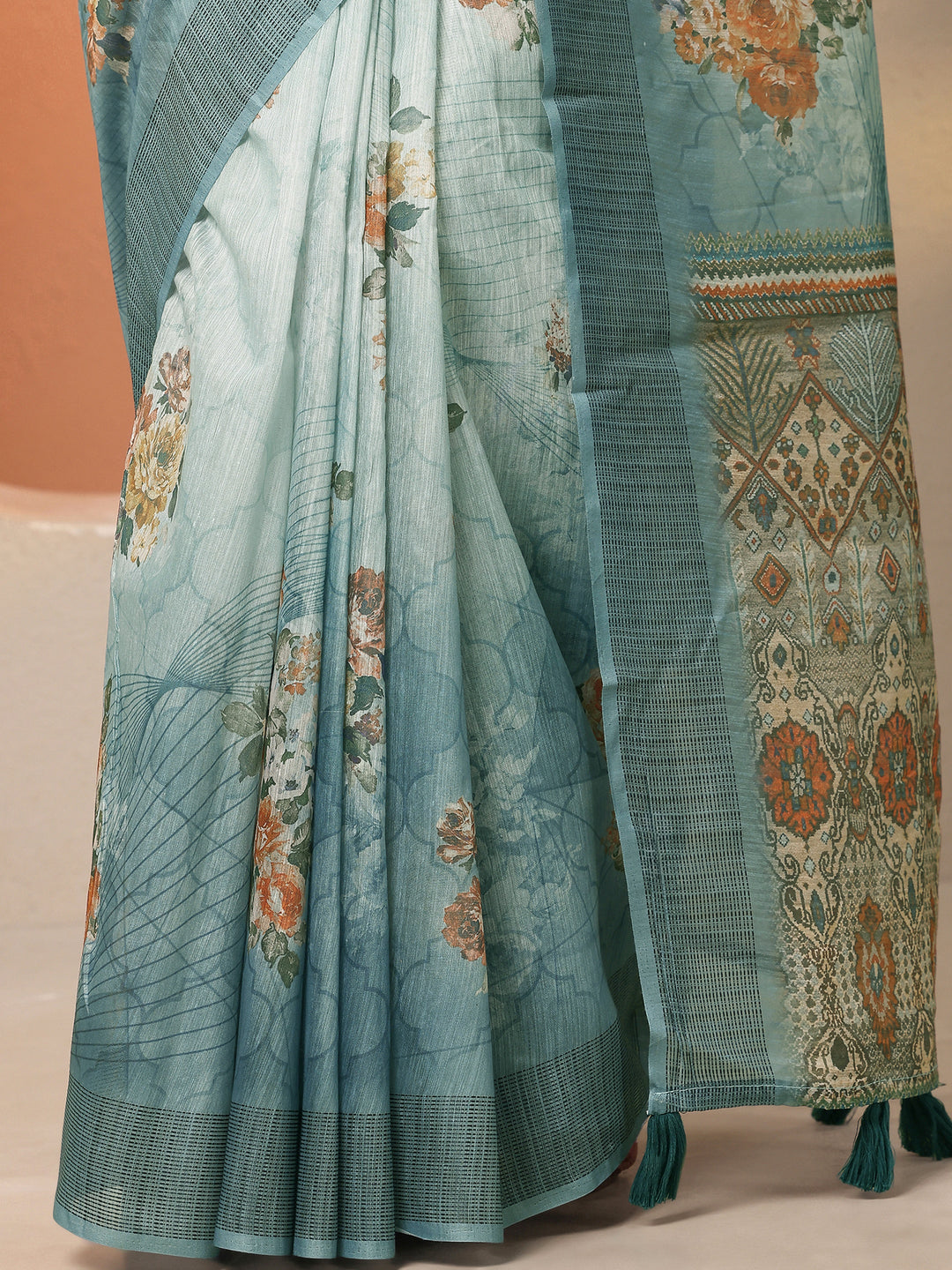  Blue Printed Silk Blend Saree With Unstitched Blouse Piece 