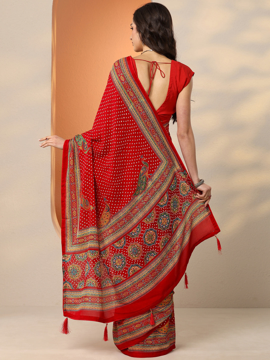  Red Bandhani Printed Silk Blend Saree With Unstitched Blouse Piece 