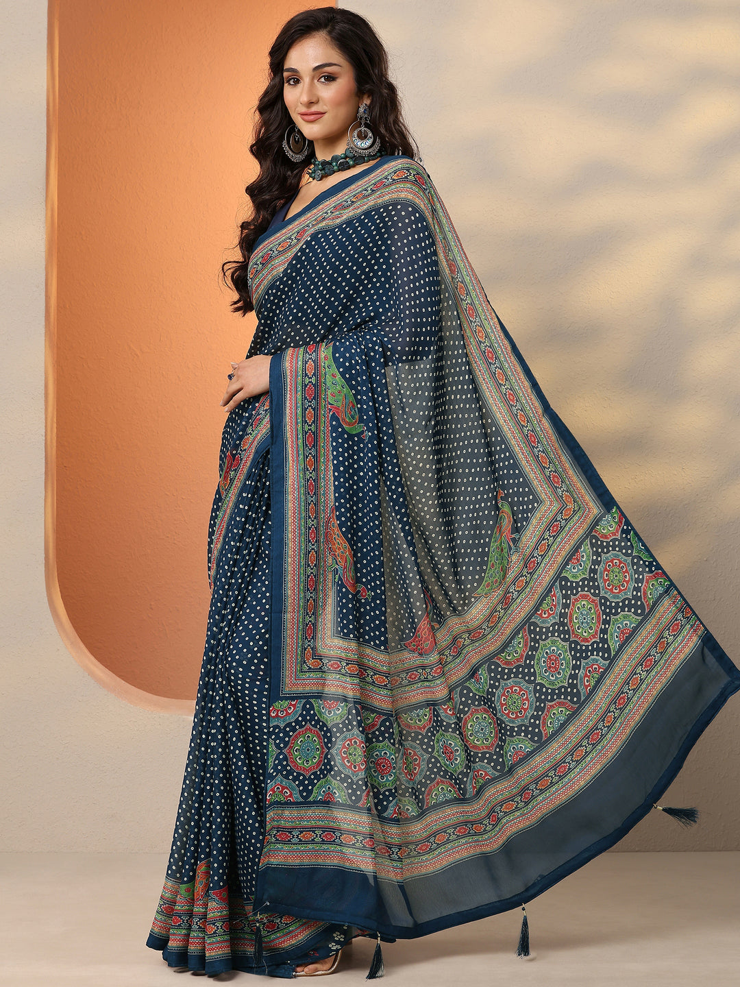  Navy Blue Bandhani Printed Silk Blend Saree With Unstitched Blouse Piece 