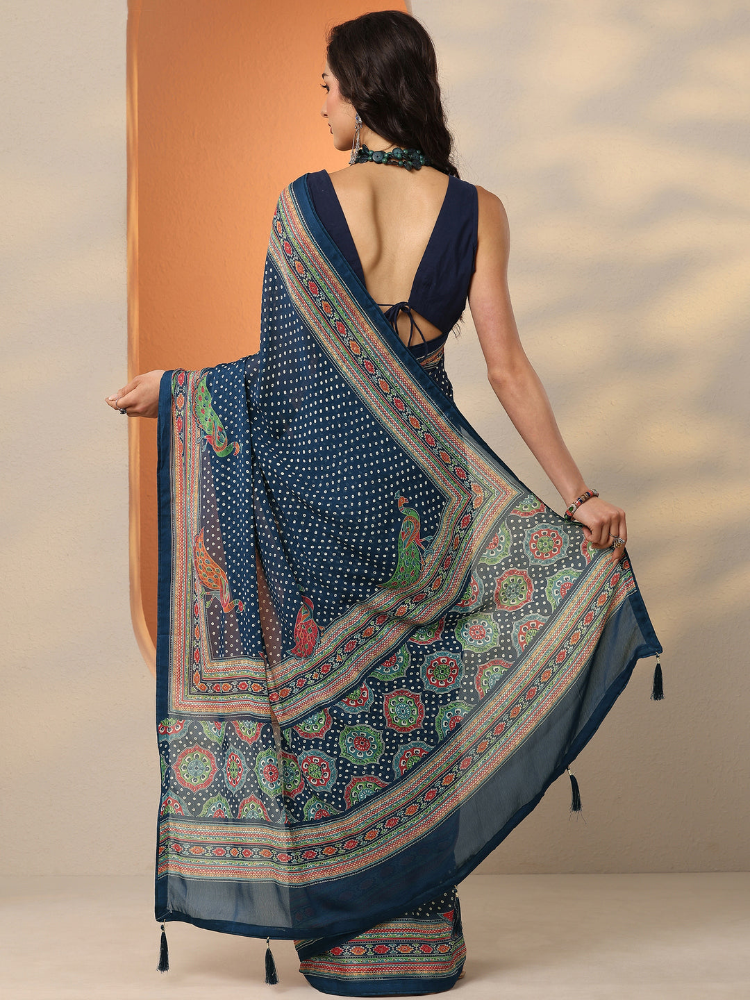  Navy Blue Bandhani Printed Silk Blend Saree With Unstitched Blouse Piece 