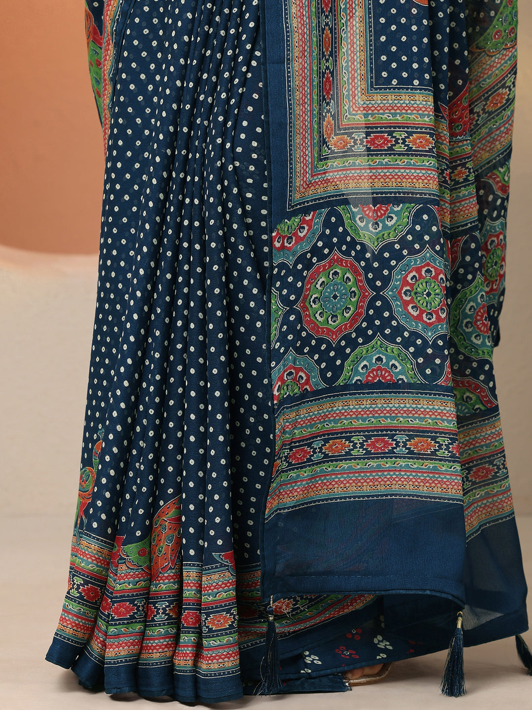  Navy Blue Bandhani Printed Silk Blend Saree With Unstitched Blouse Piece 