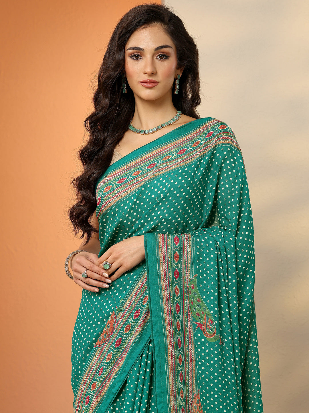  Green Bandhani Printed Silk Blend Saree With Unstitched Blouse Piece 