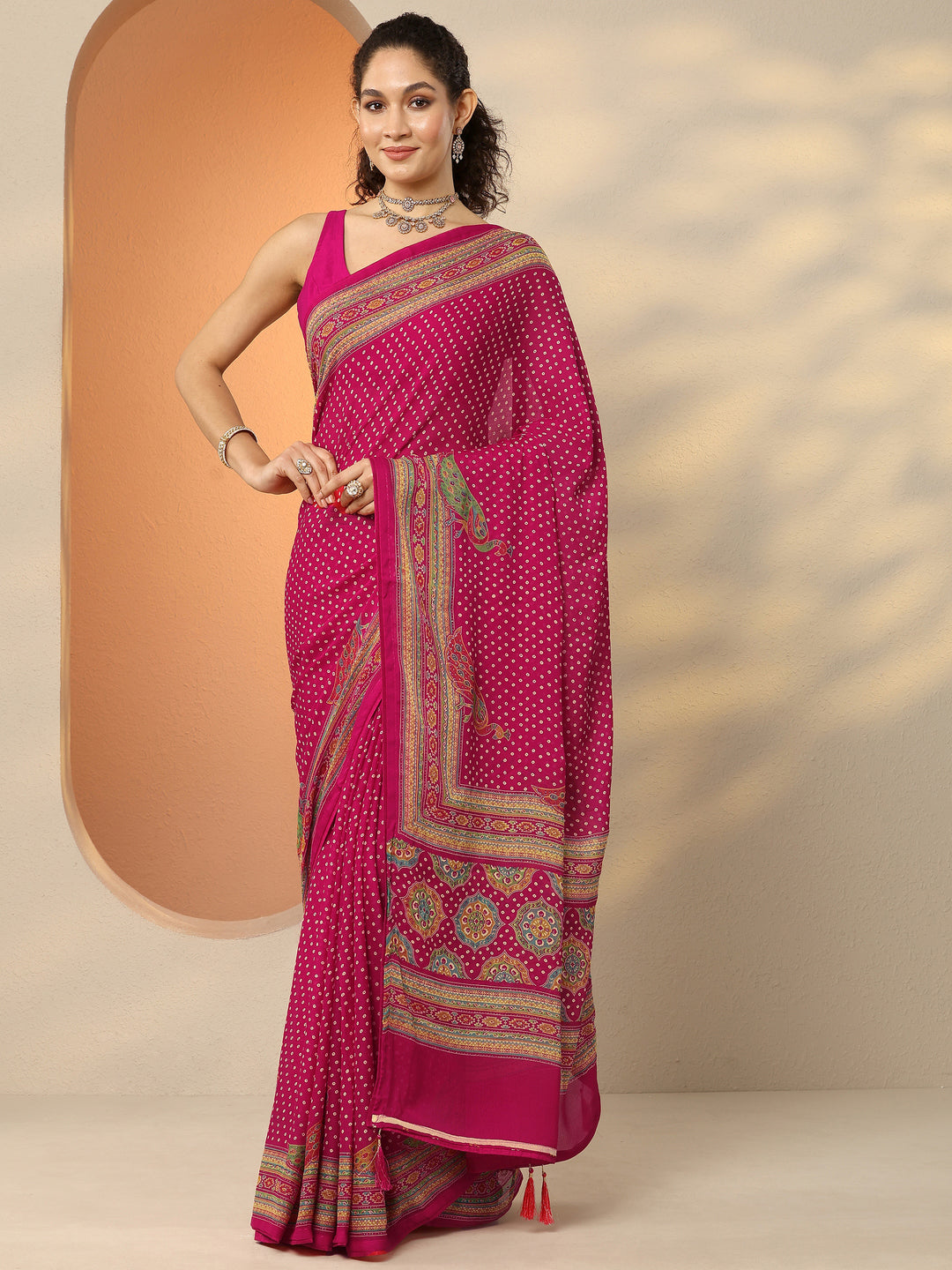  Pink Bandhani Printed Silk Blend Saree With Unstitched Blouse Piece 
