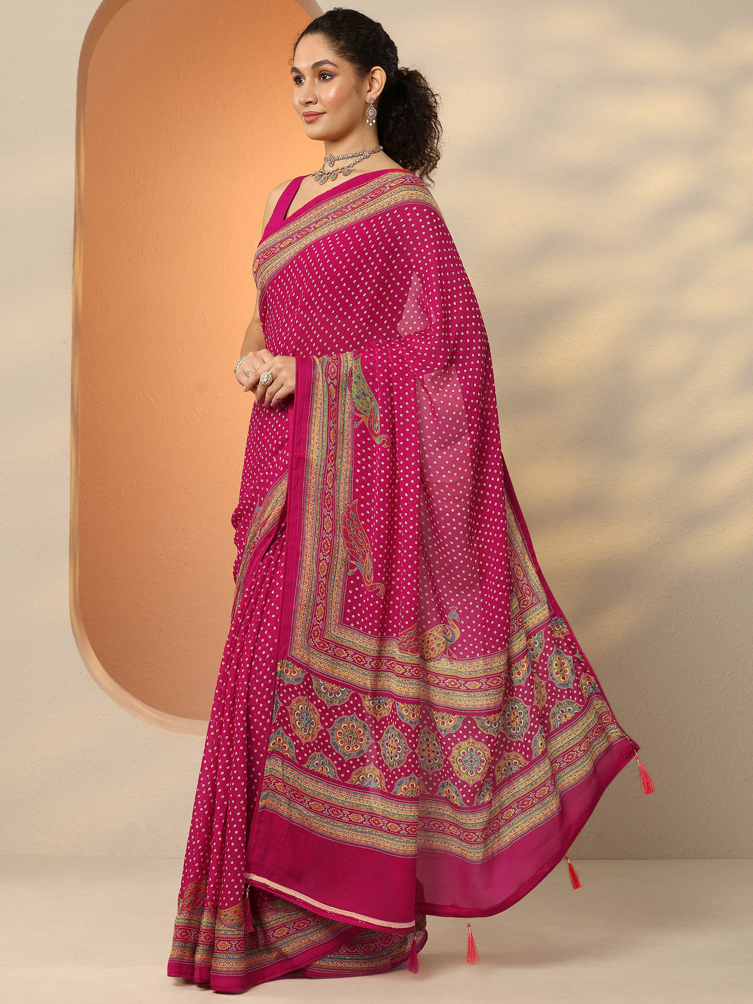  Pink Bandhani Printed Silk Blend Saree With Unstitched Blouse Piece 