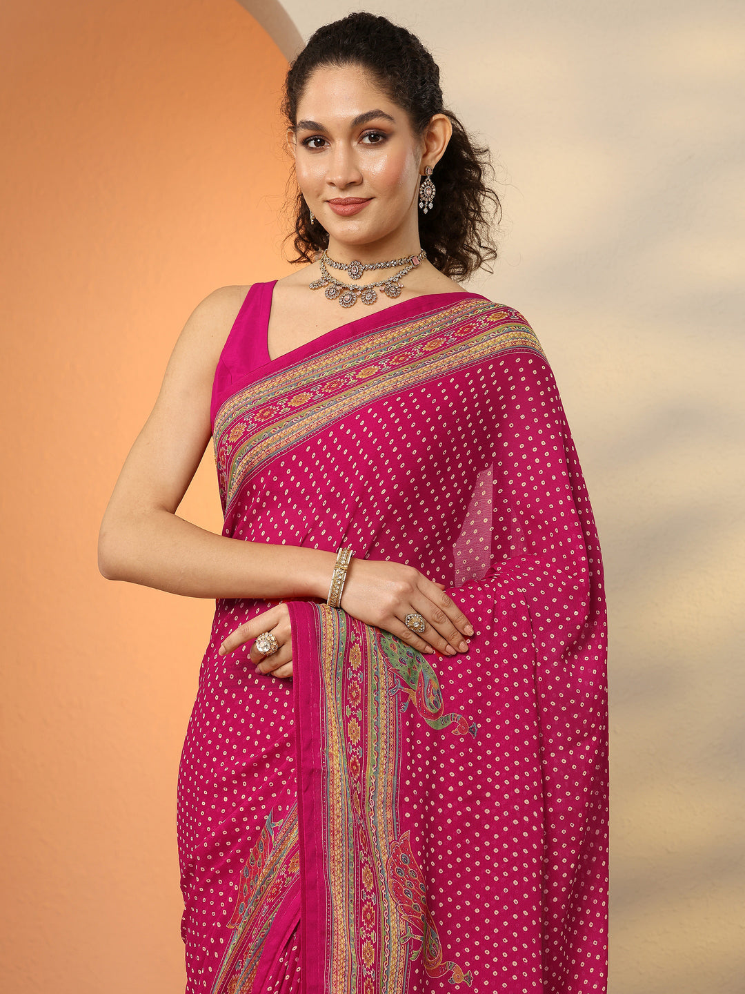  Pink Bandhani Printed Silk Blend Saree With Unstitched Blouse Piece 
