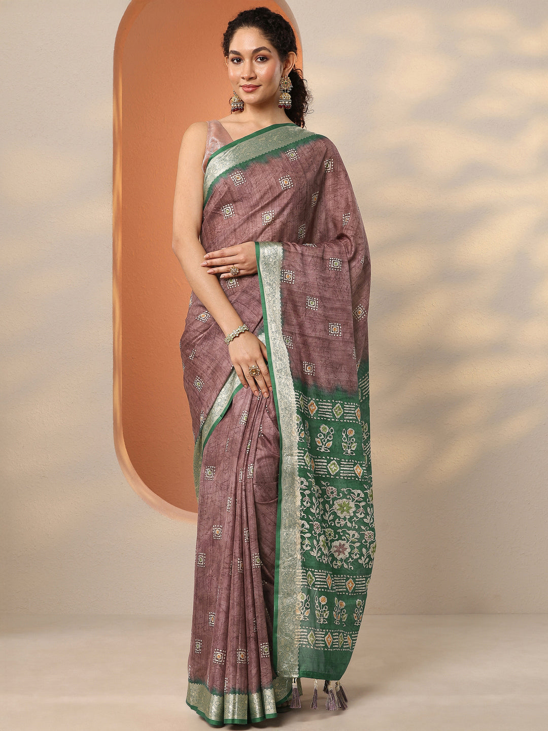  Mauve Printed Silk Blend Saree With Unstitched Blouse Piece 