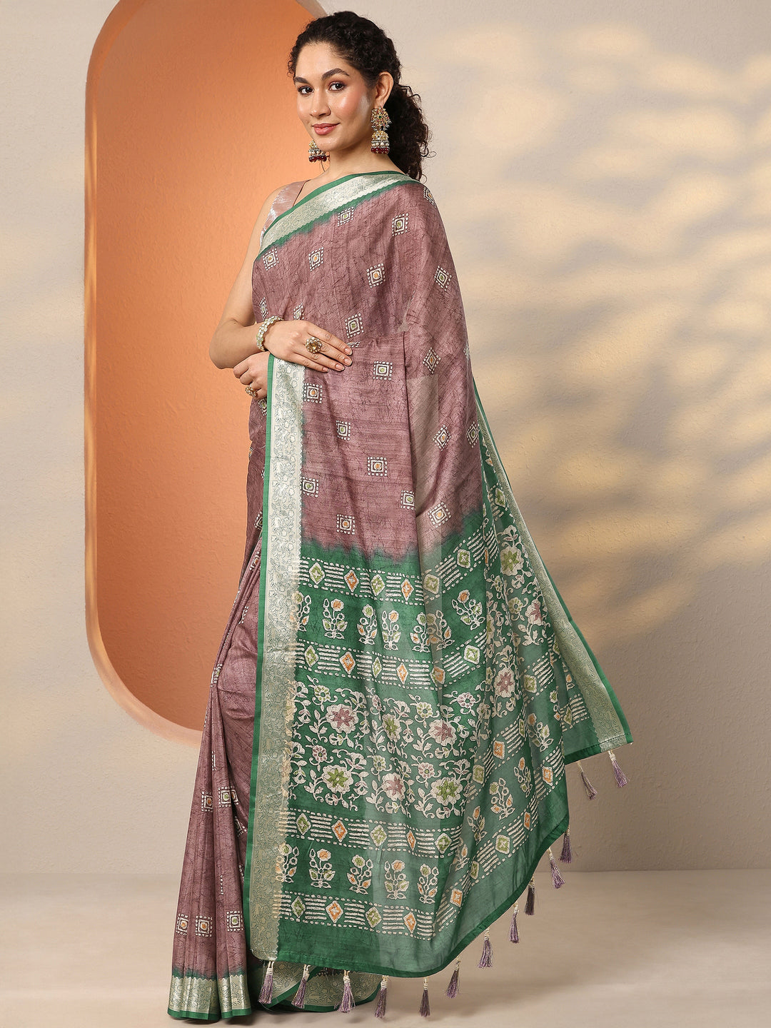  Mauve Printed Silk Blend Saree With Unstitched Blouse Piece 